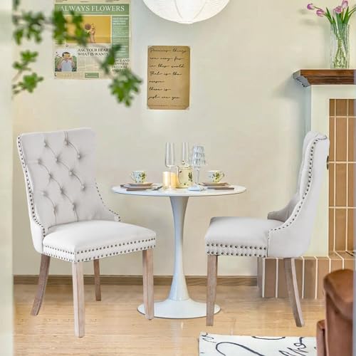 Linen Upholstered Dining Chairs Set of 2, Modern Style Kitchen Side Chairs with Nailhead Trim and Wood Leg, Metal Pulling Ring for Dining Room Living Room(Beige,Set of 2) - color: Beige-linen, size: Set of 2