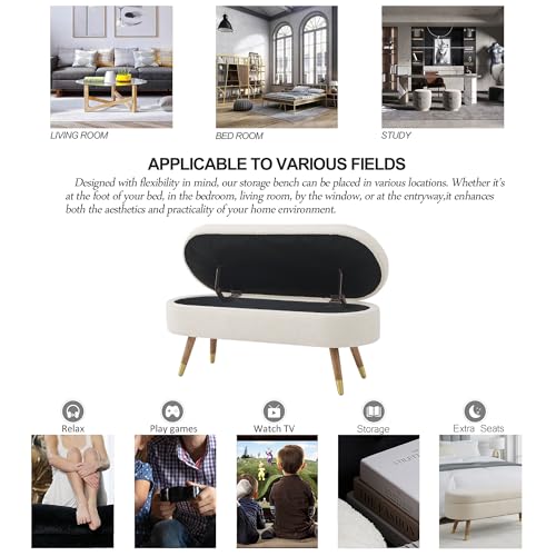 IAFIKE Oval Storage Bench 43.5" Ottoman Bench Upholstered Boucle Fabric Footrest Bench with Golden Metal Legs End of Bed for Bedroom, Living Room, Entryway,Bed Side (Beige) - color: Beige-a