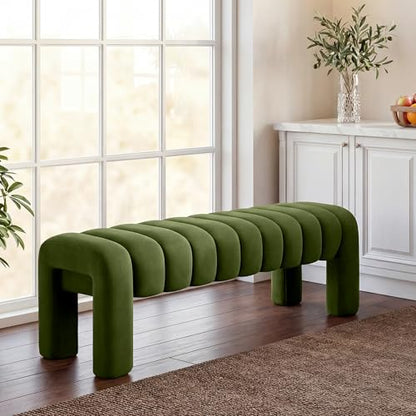 43.3” Dining Room Bench, Olive Green Tufted Upholstered End of Bed Bench, Modern Entryway Ottoman Window Seat with Solid Wood Legs and Padded Seat for Bedroom, Hallway and Living Room (Velvet) - color: Olive Green Velvet, size: 43.3"