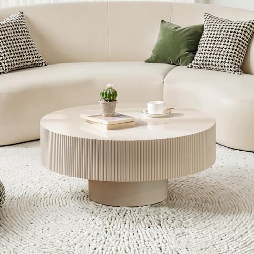 Round Fluted Coffee Table Handcrafted Relief Drum End Table | Mid Century Modern Drum Coffee Tables Rustic Industrials Wood Center Table for Apartment Living Room - color: White Round Thick