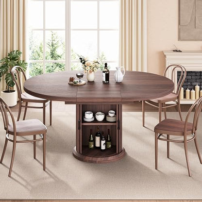 Jocoevol 47″–63″ Extendable Round Dining Table for 4–8 with Dust-Proof 2-Tier Storage Shelf Space Saving Expandable Wood Oval Circle Dinner Furniture with Pedestal Base (Brown) - color: Brown