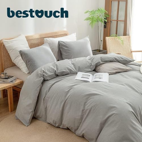 BESTOUCH Cotton Solid Duvet Cover Set Linen Feel Light Grey Alaska King | 100% Washed Cotton, Soft Wrinkle Texture, Hidden Zipper, 8 Ties, Breathable Lightweight Durable Comfy, 3 Pcs No Insert - color: Light Grey (No Comforter), size: Alaska King (132" X