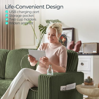 LINSY HOME Loveseat Sofa with Pull Out Couch Chaise: 2-in-1 Convertible 2 Seater Sofa with USB Charging & Cup Holders, Comfy Plush Corduroy Love Seat for Small Spaces Living Room Apartment, Green