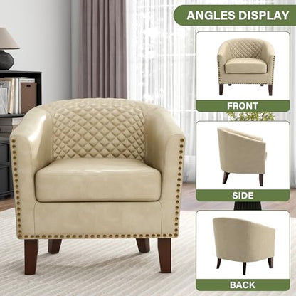 Faux Leather Accent Chair, Modern Barrel Club Chair, Beige | Comfy Upholstered Armchair for Living Room, Round Club Chair Single Sofa Bedroom Reading Seat | 26"D*29"W*29"H - color: Beige
