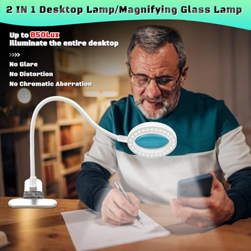 10X Magnifying Glass with Light, Clip on Mganifier with Light, 48 LED Desk Magnifying Glass wtih Clamp, 3 Modes Dimmable Magnifying LED Lamps for Bed Work Crafts DIY Repair White - color: White