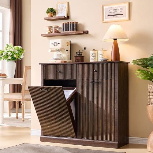 IFGET Double Tilt-Out Trash Cabinet, Fluted Laundry Hamper Cabinet, Brown | 20 Gallon Modern Fluted Laundry Hamper Cabinet with 2 Drawers,Wooden Hidden Garbage Can Cabinets w/Storage Basket for Kitchen - color: Brown, size: Double Door