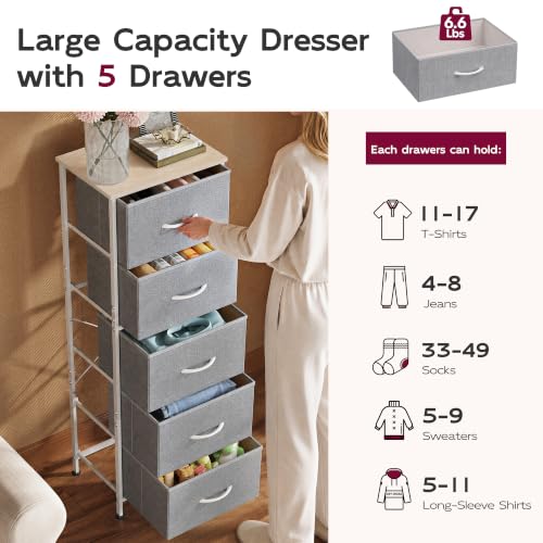 WLIVE Tall Dresser for Bedroom, 5 Drawer Dresser, Light Grey | 5 vertical fabric drawers, Tall vertical design, Bedroom or closet use, Dresser for small spaces, Chest of drawers - color: Light Grey