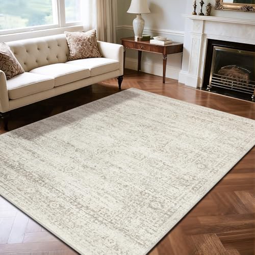 Washable Rugs 6x9 Area Rugs for Living Room,Bedroom,Dining Room Carpet | Ultra Soft Faux Wool,Kids & Pet Friendly,Machine Washable,Non-Slip & Non-Shedding,Large Vintage Low Pile Rug for Home Office - color: Beige-ivory-cream-brown-camel, size: 6' x 9' (Re