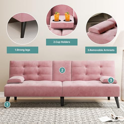 Futon Sofa Bed, Small Convertible Sofa Couch Recliner, 64 in Adjustable Sofa Bed for Living Room, Removable Armrest Pillows, Pink - color: Pink