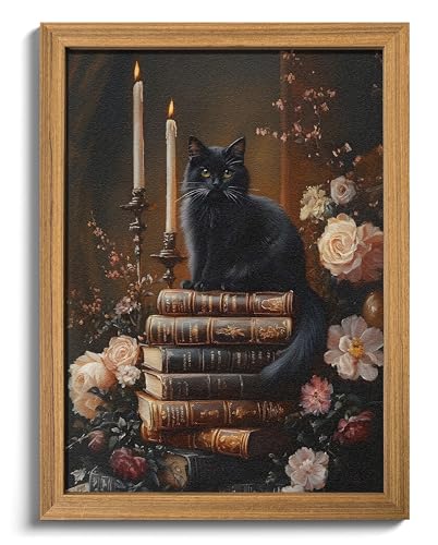 Framed 3D Textured Cat Wall Art – Vintage Books Floral Dark Academia Decor, Victorian Gothic Botanical Flowers Pictures for Living Room Bedroom Gallery Library Wall Decor – 12x16in - color: Black Cat, size: 16"L x 12"W