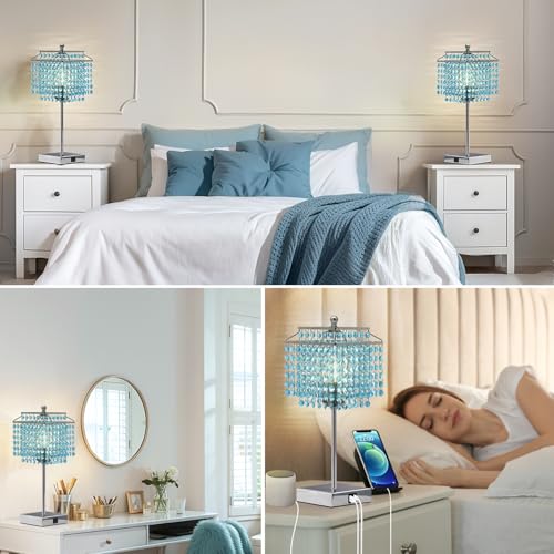 Luvkczc Crystal Table Lamp with Touch Control, Bedside Crystal Table Lamp with USB C+A Ports, Dimmable Lamp for Girls Bedroom, Living Room, Light Blue & B11 LED Bulb Included - color: Light Blue