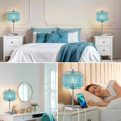 Luvkczc Crystal Table Lamp with Touch Control, Bedside Crystal Table Lamp with USB C+A Ports, Dimmable Lamp for Girls Bedroom, Living Room, Light Blue & B11 LED Bulb Included - color: Light Blue