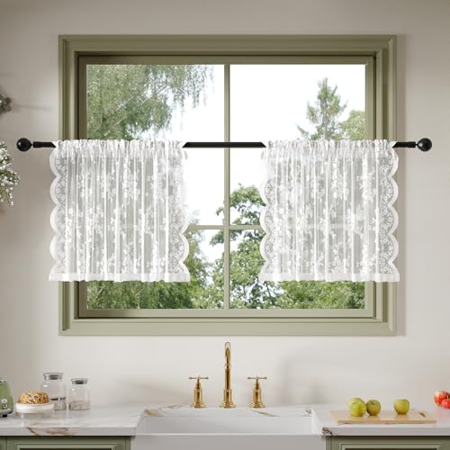 Anmao Vintage Lace Kitchen Curtains 24 Inches Long 2 Panels, Romantic Semi Sheer Floral Over Sink Lacy Cafe Curtain, Elegant Window Short Small Drapes, 55W x 24L, White Rose - color: White Rose, size: 55"W x 24"L (Pack of 2)