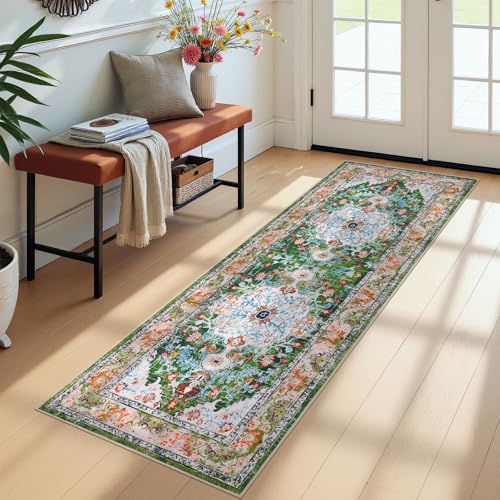 U'Artlines 2' x 6' Boho Hallway Runner Rug, Non Slip Washable Vintage Farmhouse Kitchen Rug Accent Area Carpet for Entryway Laundry and Living Room (Green) | Vintage Farmhouse Kitchen Rug Accent Area Carpet for Entryway Laundry and Living Room - color: Gr