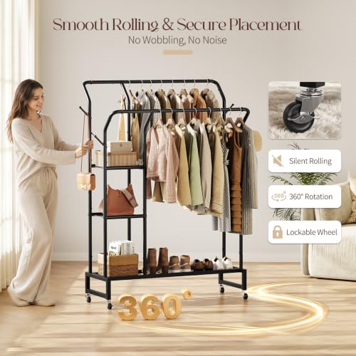 Yoobure Double Rods Clothes Rack - Portable Clothing Rack with Wheels, Rolling Garment Rack with 3-Tier Shelves & 4 Hooks, Freestanding Clothing Racks for Hanging clothes, Coat Rack for Closet Bedroom - color: Black