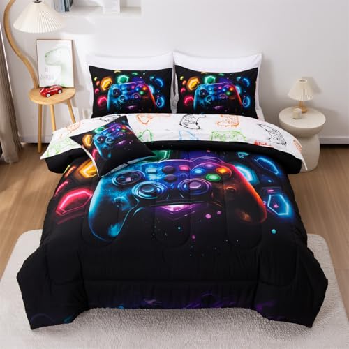 Aimuan Game Console Comforter Set for Boys Girls Kids Space Universe Gaming Geometric Lightweight Microfiber Gamer Bedding Sets (Black-Multi, Queen 6Pcs) - color: Black-multi, size: Queen(6Pcs)