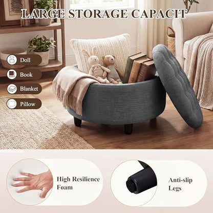 COLAMY Round Hidden Storage Ottoman with Reversible Tray Lid – Multi-Functional Footrest, Sturdy & Stylish Fabric Coffee Table for Living Room, Bedroom, or Entryway, Dark Grey - color: Dark Grey