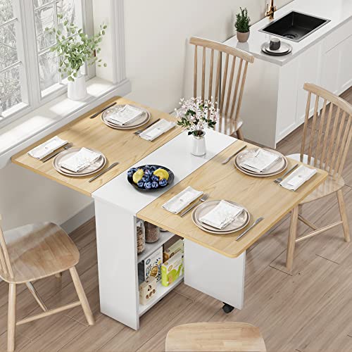 CABIHOME Folding Dining Table, Dinner Table with storage and Shelves, White | 2-Layer Storage Rack, Space Saving Dining Table with 3 Wheels, Kitchen Table for small space, Dining Room - color: Natural Wood, size: 47.2"D x 23.6"W x 29.5"H