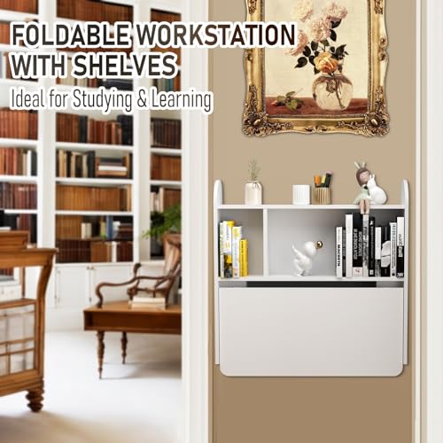 Wall Mounted Drop-Leaf Table, Floating Laptop Desk, Folding Table with Shelves, Multifunctional Computer Workstation with Storage Compartments in Home Office for Space Saving (White) - color: White