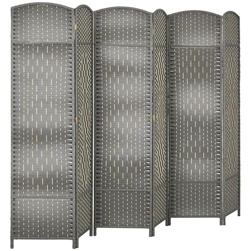 HOMCOM 6 Panel Room Divider 6 Ft Privacy Screen Hand-Woven Mixed Gray | Folding PP Wall Partition, Pine Wood Frame, Freestanding Room Separator, Bedroom Home Office, No Assembly - color: Mixed Gray, size: 6 Panel