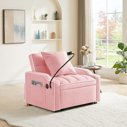 Eafurn Velvet Convertible Sleeper Chair Bed with USB Port & Phone Holder, 3-in-1 Pull Out Sofa Bed Chair, Multi-Functional Chair Bed with Adjustable Backrest & Side Pockets - color: Pink 33.85"