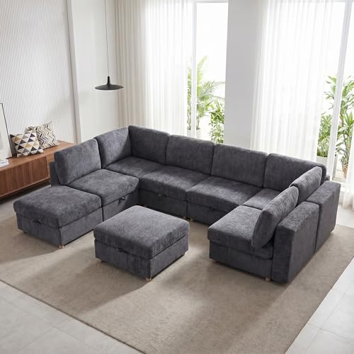 KEIKI Modular Sectional Sleeper Sofa with Hidden Storage, 8 Seat Convertible Fabric Couch with Flexible Layout and Washable Covers, Large U Shaped Sofa for Home Theater, Gathering or Game Room - size: 8-Seater