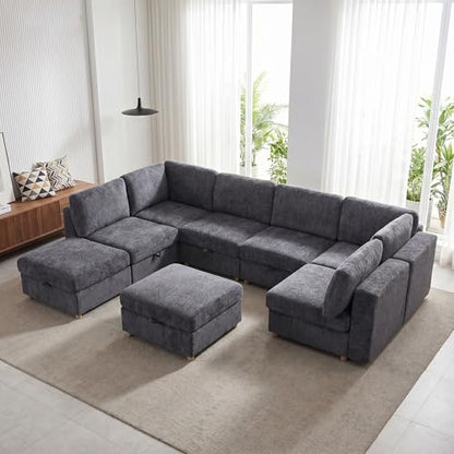 KEIKI Modular Sectional Sleeper Sofa with Hidden Storage, 8 Seat Convertible Fabric Couch with Flexible Layout and Washable Covers, Large U Shaped Sofa for Home Theater, Gathering or Game Room - size: 8-Seater