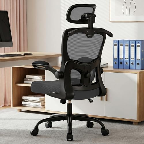 Ergonomic Office Chair, Desk Chair with Adjustable Lumbar Support | High Back Breathable Mesh Computer Chair with Adjustable Headrest,Hanger,Flip Up Armrest and Rocking Function for Home Office - color: Dark Gray