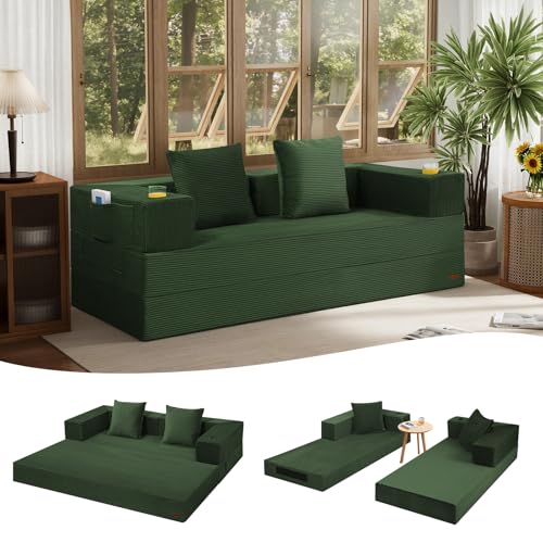 COMAX Futon Sofa Bed, Convertible Sofa Bed, Folding Boneless Couches | Low-Profile Boneless Couch for Living Room, 11.8" H Low Seat Small 59" Foldable Floor Sleeper Mattress Lounge Space‑Saving - color: Green, size: 79"