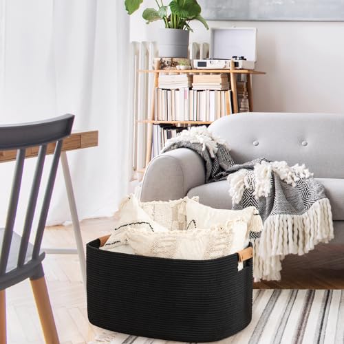 Large Woven Basket, 108 L Blanket Basket for Living Room, Nursery Bin for Toys Organizing & Laundry, Cotton Rope Hamper with Leather Handle, 25’’*16’’*16’’ Black - color: Black, size: 108L
