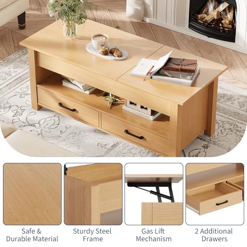 Multifunctional Lift Top Coffee Table, Convertible Wooden Coffee Table with 2 Drawers & Hidden Compartment, Storage Center Table for Living Room Home Office,Natural - color: Natural Wood