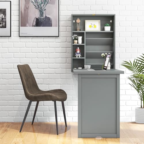 GOFLAME Wall Mounted Folding Desk with 3-Tier Tilt Storage Partition and Adjustable Shelves, Space-Saving Convertible Writing Desk for Home Office, Gray - color: Grey