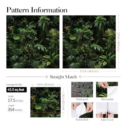 FunStick 17.5"x354" Green Tropical Peel and Stick Wallpaper Dark Jungle Forest Leaves Wall Paper Renter Friendly Wallpaper Kitchen Cabinet Contact Paper Black Self Adhesive Vinyl Wallpapers for Walls - size: 17.5" x 354"