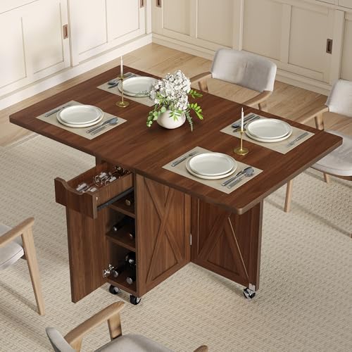 Folding Dining Table for 2-6, Designed for Small Spaces, Walnut | 52.7" Folding Dining Table with 6 Wheels, Drop Leaf Table with Drawers, Shelves and Wine Rack for Small Spaces - color: Walnut