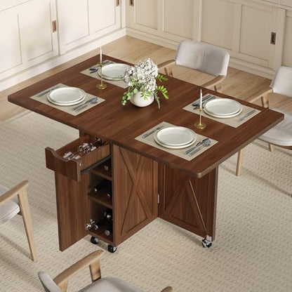 Folding Dining Table for 2-6, Designed for Small Spaces, Walnut | 52.7" Folding Dining Table with 6 Wheels, Drop Leaf Table with Drawers, Shelves and Wine Rack for Small Spaces - color: Walnut