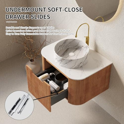24” Floating Bathroom Vanity with Sink, Fluted Wall-Mounted Solid Wood Cabinet, Marble-Pattern Ceramic Round Basin, Faux Marble Top, Soft-Close Drawer, Pre-Assembled, Natural Woodgrain - color: 01 - Natural Woodgrain, size: 24"