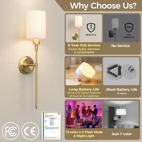 Battery Operated Wall Sconce: Set of 2 Wireless Wall Lights with 12000mAh | 15 Color Rechargeable Wall Sconces, Not Harwired Sconce Wall Decor Set of 2 for Bedroom, Living Room, Gold 24.3in - color: Gold