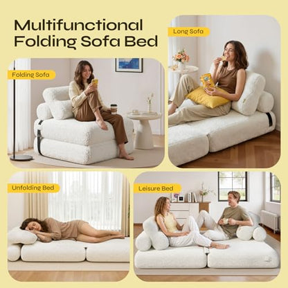 Boneless Folding Sofa Bed, Convertible Sleeper Chair, Off White | Boneless folding sofa bed, 3-in-1 sleeper chair & floor couch. Plush teddy fleece, lumbar pillows, space-saving, no assembly - color: Off-white