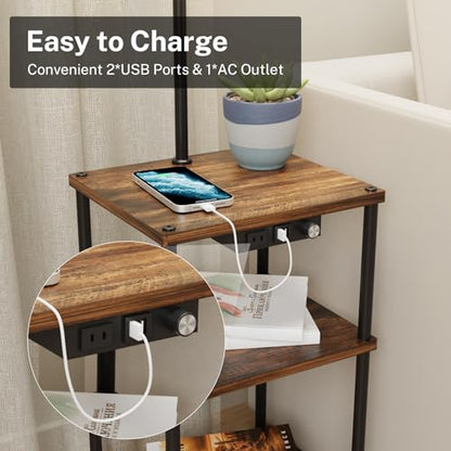 Floor Lamp with Table and Shelves, Side Table with USB Charging Port and Outlet, Modern Bedside Nightstand End Table with Lamp for Living Room, Bedroom, Guest Room, Bulb Included - color: Brown-1 Pair