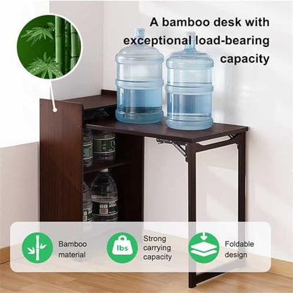 Bamboo Fold Out Desk with Storage, Mid Century Hideaway Desk for Small Spaces, Folding Computer Desk for Home Office Bedroom Apartment, Space Saving - color: Walnut