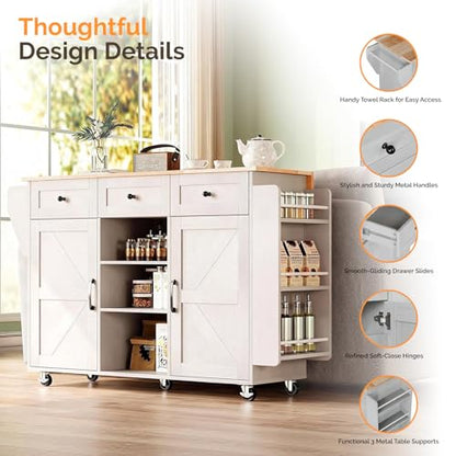 VINGLI 52" W Kitchen Island with Storage and Drop Leaf, Barn Door White | Farmhouse Rolling Cart with 3 Drawers, 2 Barn Doors, Adjustable Shelves, Side Rack and Locking Wheels - color: White
