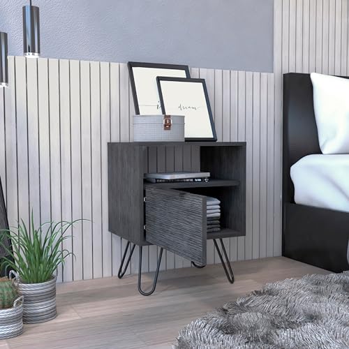 Tuhome Augusta Nightstand, Single Door Cabinet, Hairpin Legs -Smokey Oak - color: Smoky Oak