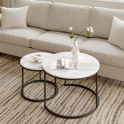 Round Coffee Tables for Living Room，Set of 2 (Marble) | living room side table, Modern Nesting Drink for Small Spaces - color: Marble