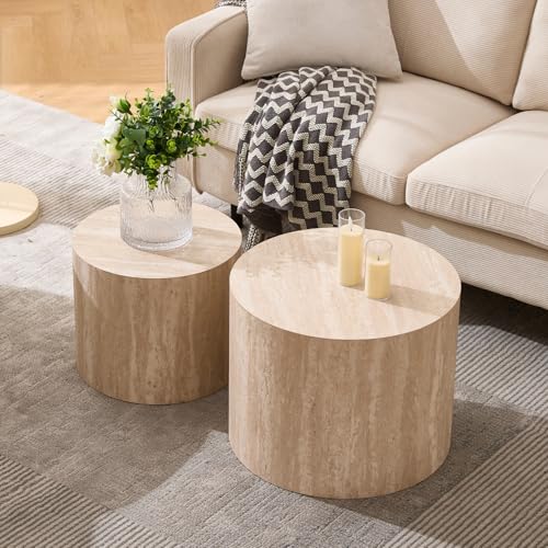 Ya-Home Modern Round Coffee Tables Nesting Table, Wood Set of 2 End Table Side Table for Living Room Balcony Office, No Assembly Required - color: Travertine