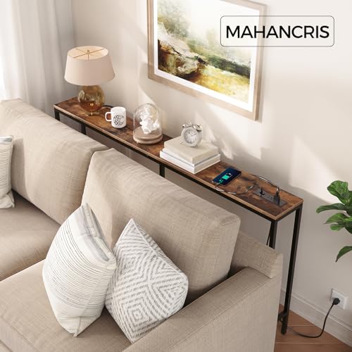 MAHANCRIS 63'' Skinny Console Table with Charging Station, 5.9" Slim Sofa Table Behind Couch, Long Entryway Tables, Narrow Sofa Hallway Table for Living Room, Foyer, Rustic Brown CTHR165E01Z1 - size: 5.9"D x 63"W x 31.7"H