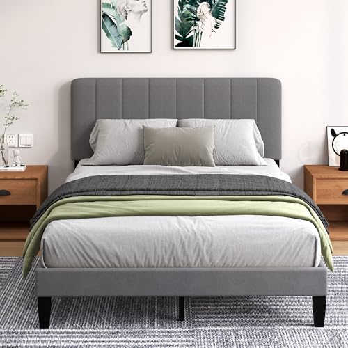 Queen Size Bed Frame with Headboard, Platform Bed with Soft Velvet Upholstered Headboard | Wooden Slats Support | Adjustable Height | No Box Spring Needed, Queen Bed Frame Grey - color: Velvet-dark Grey, size: Queen (U.S. Standard)