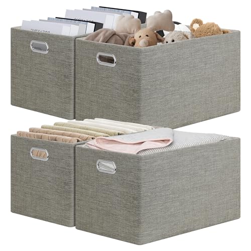 Posprica Closet Storage Bins, 4 Pack Large Closet Shelf Organizers, Linen Fabric Decorative Storage Baskets for Organizing, Foldable Storage Box for Clothes, 16.5x12x10.25 Inch-Coffee - color: Coffee, size: 16.5Lx12Wx10.25H