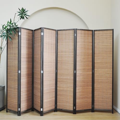7 Panel Bamboo Room Divider - 5.6 ft Tall Folding Privacy Screen, Natural Brown Freestanding Partition Wall for Home Office & Room Separation (67" H x 107.5" W) - color: Brown, size: 7 Panel