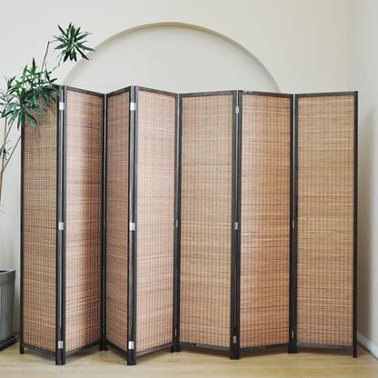 7 Panel Bamboo Room Divider - 5.6 ft Tall Folding Privacy Screen, Natural Brown Freestanding Partition Wall for Home Office & Room Separation (67" H x 107.5" W) - color: Brown, size: 7 Panel