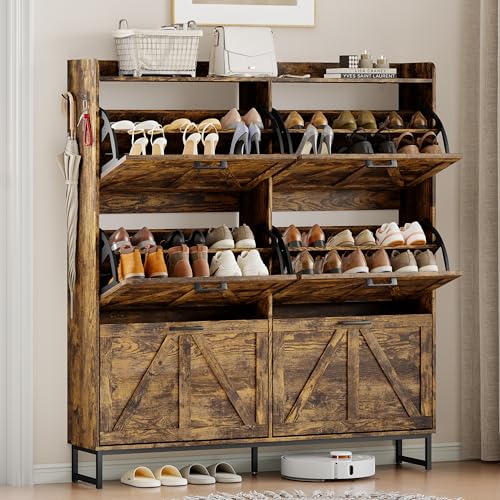 Shoe Cabinet Storage for Entryway, Shoe Storage Cabinet with 6 Flip Drawers, Freestanding Narrow Shoe Rack Organizer with Metal Legs, Adjustable Shelves & Open Storage for Foyer, Hallway, Brown - color: Brown, style: 6 Drawers